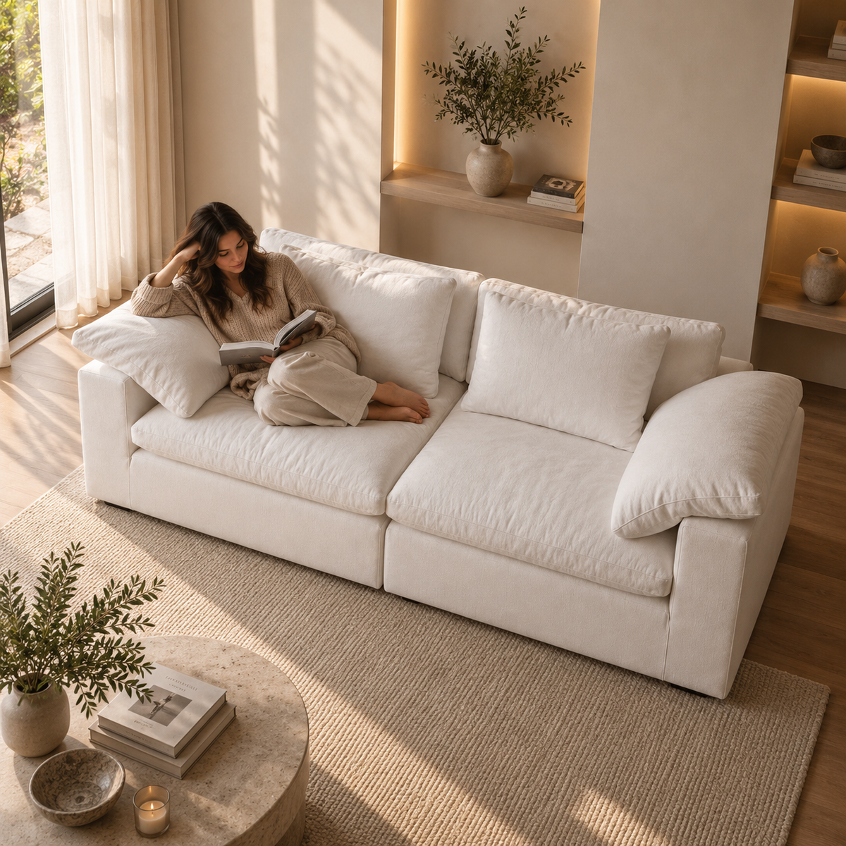 Canapé Modulaire Velours Blanc Éponge | Atlas